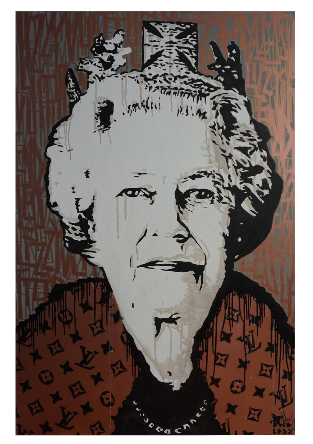 LIZZY VUITTON METALLIC DRIPS, 101 x 152cm, acrylic and spray paint on canvas 